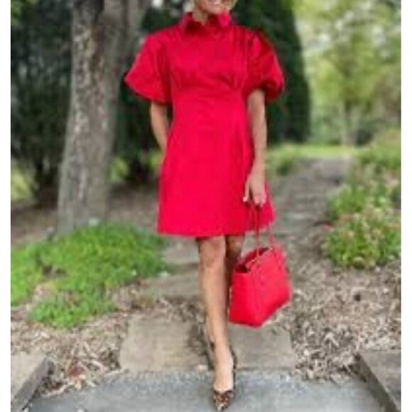 NWT Tuckernuck  Delaney Size L Red Mini Dress Puff Sleeve A-line Pockets Stretch - Picture 11 of 14